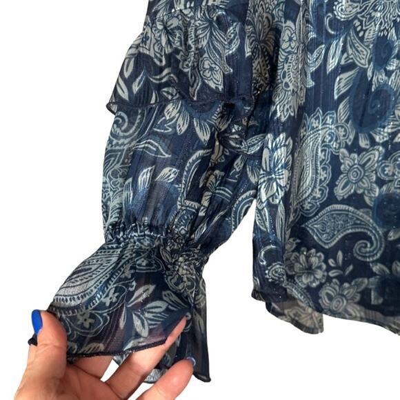 Frye & Co Blue Floral Ruffle Long Sleeve Dressy Button Down Blouse Women Sz XXL - Picture 4 of 10